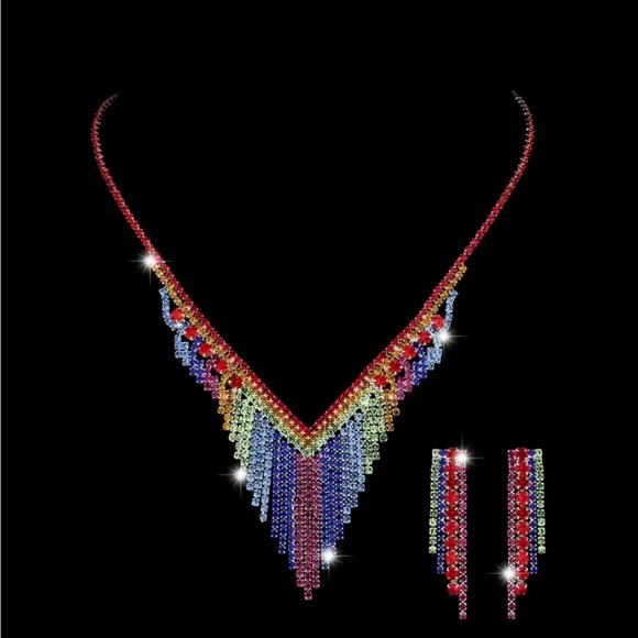 Colorful Rhinestone Earrings and Necklace Matching Set - Picture 6 of 9